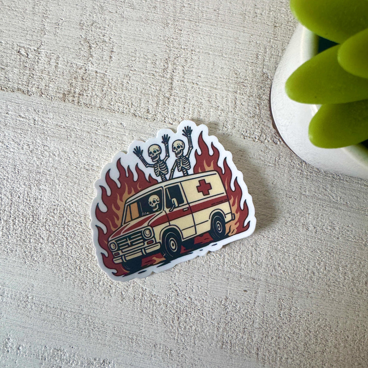Funny Emergency Ambulance on Fire Vinyl Sticker